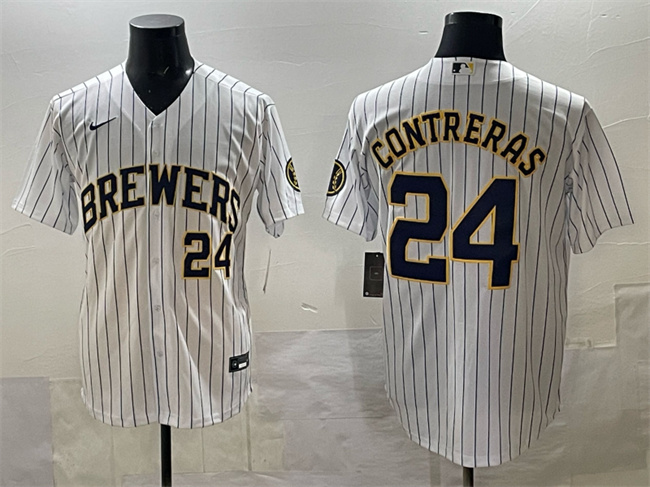 Men's White Milwaukee Brewers #24 William Contreras Pinstripe 2025 With Patch Stitched Baseball Jersey